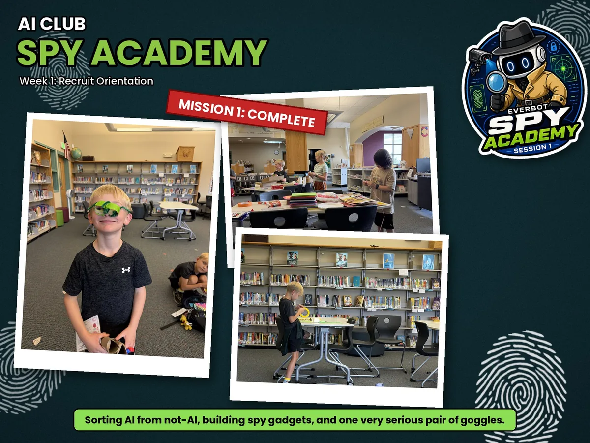 Spy Academy Week 1, Recruit Orientation: students building spy gadgets in the Wilmot library, including one very serious pair of pipe-cleaner goggles