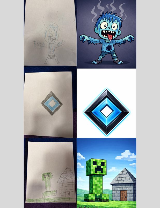 Student drawings transformed into AI-generated art — zombie character, diamond shape, and Minecraft creeper