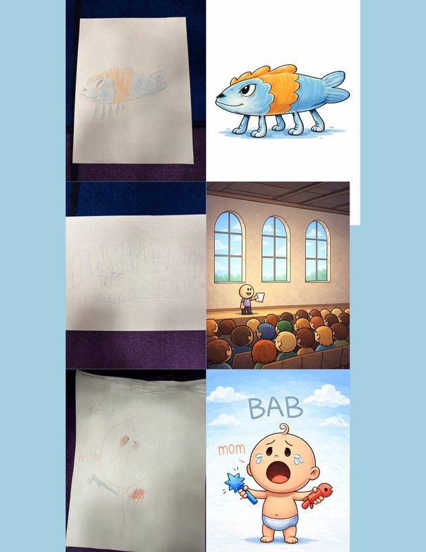 Student drawings transformed into AI-generated art — fish creature, classroom scene, and baby character