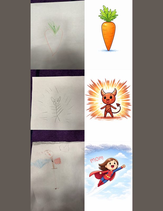 Student drawings transformed into AI-generated art — carrot, superhero cat, and flying supermom