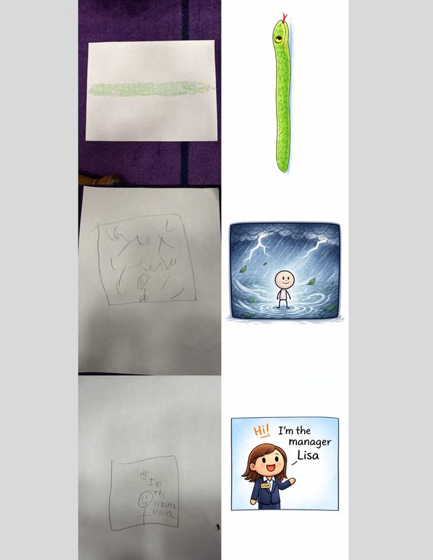 Student drawings transformed into AI-generated art — green bean, storm scene, and manager character