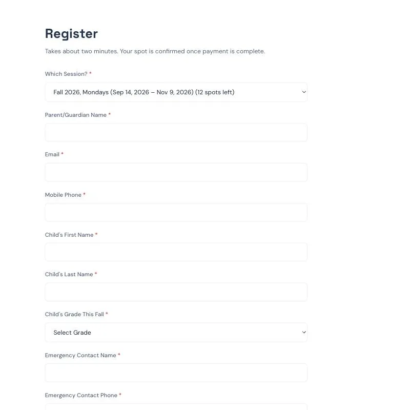 The club registration form on everbot.tech: session picker with live seat counts, parent and student fields