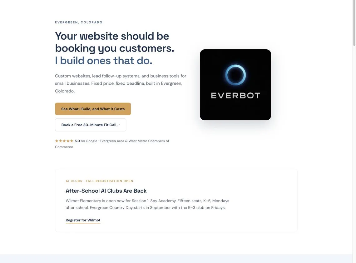 The everbot.tech homepage: hero reading Your website should be booking you customers, with pricing and booking paths