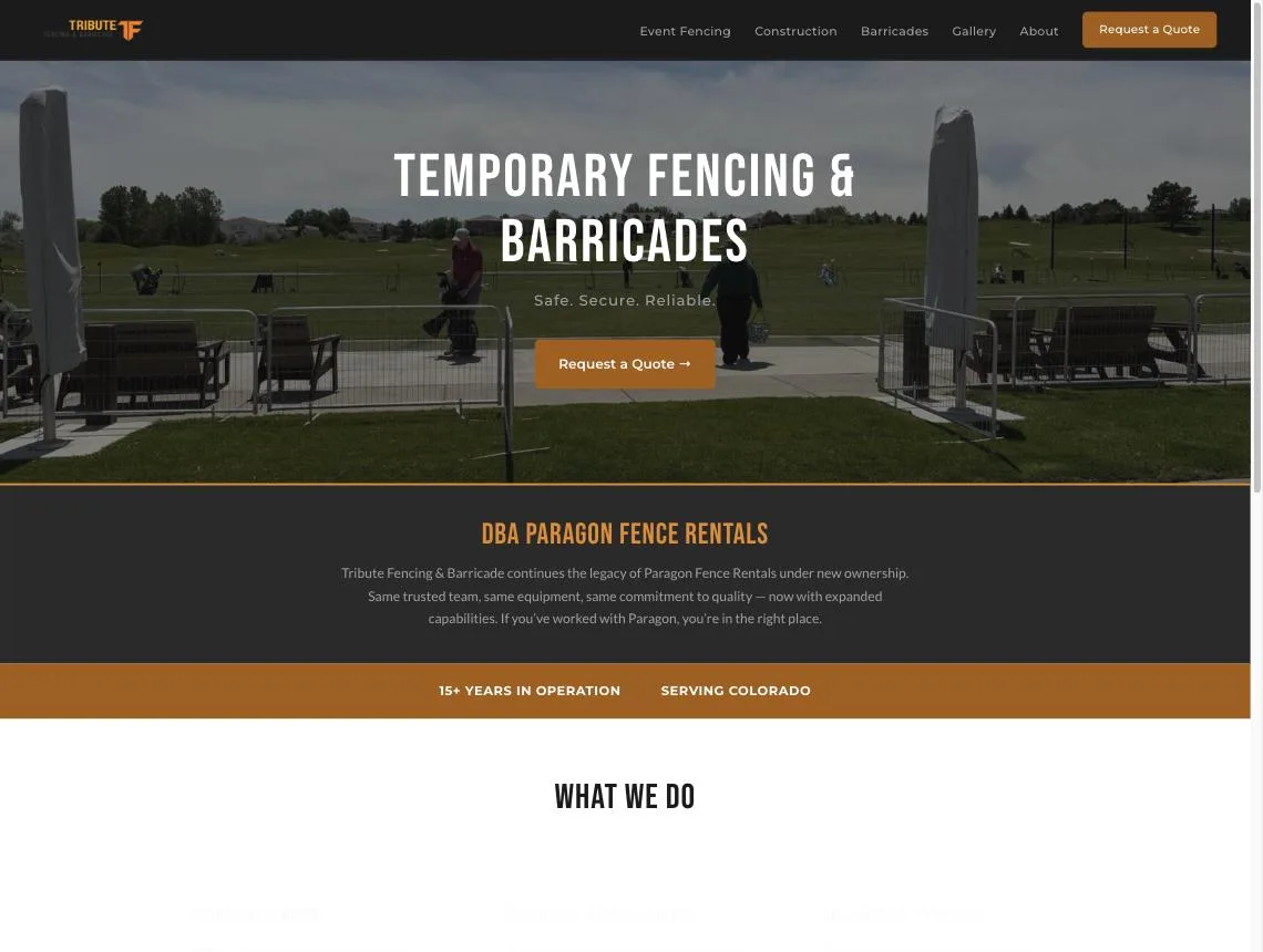 The Tribute Fencing & Barricade website built by EverBot: hero with Request a Quote booking path